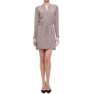 Vince 100% Silk Printed Shirtdress Drawstring Waist Split Neck Brown Size 4